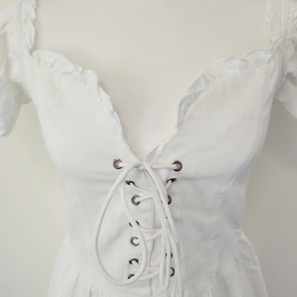 White Puff Sleeve Lace Up Milkmaid Puff Sleeve Sweetheart Skater Dress Cotton - Picture 13 of 15